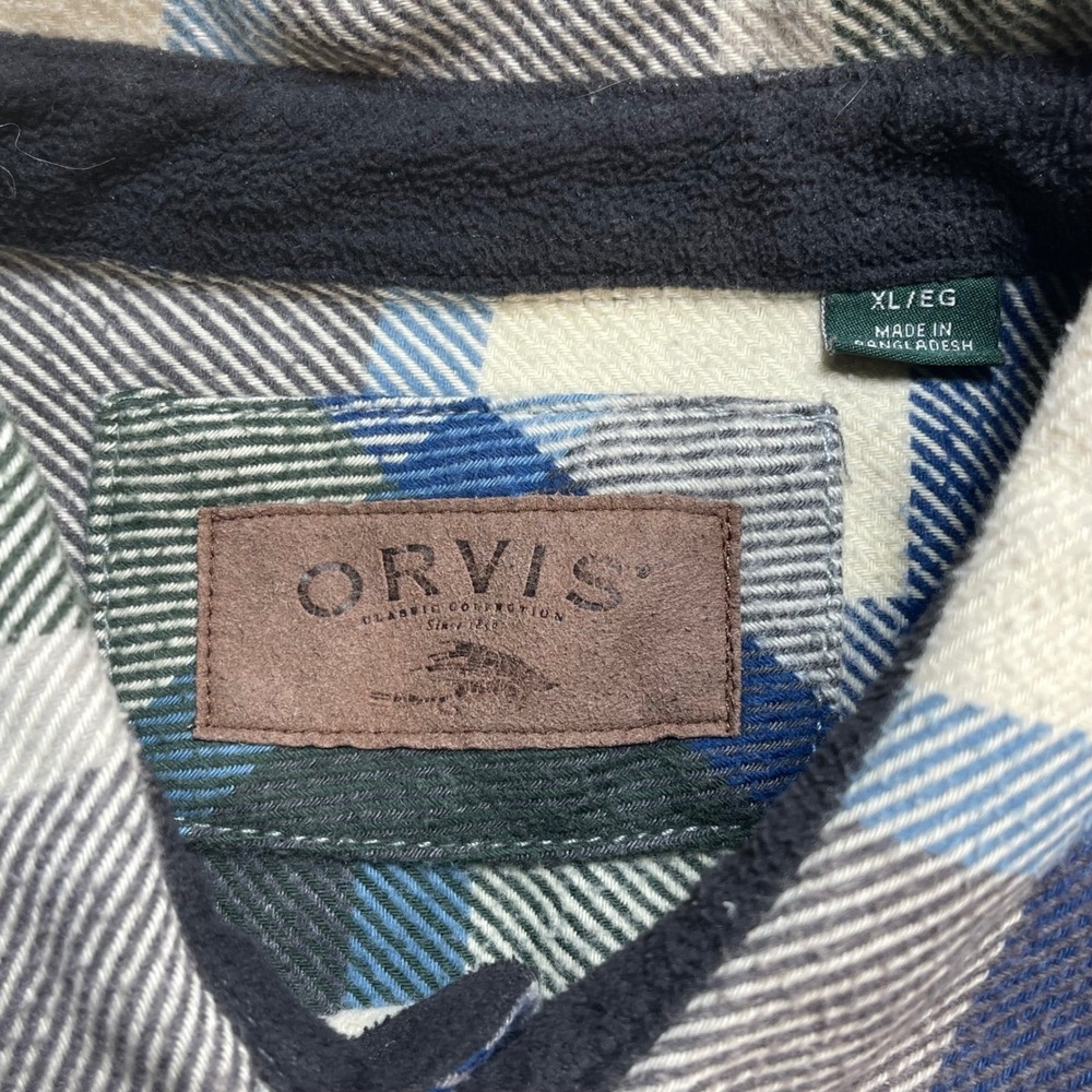 Orvis Men's XL Plaid Flannel Shirt Green Blue Fleece Lined Collar Button Down - Picture 4 of 8